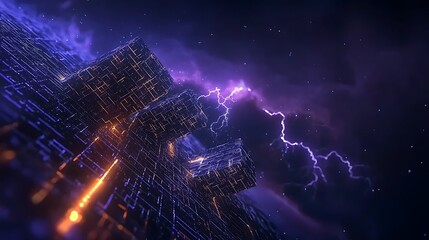Naklejka premium Abstract futuristic landscape with glowing cubes under a stormy sky and lightning strikes