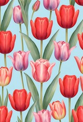 Fototapeta premium Seamless Pattern of Red and Pink Tulips on Light Blue Background