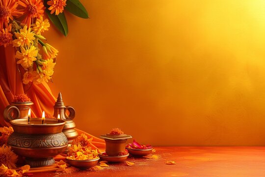 Traditional Indian brass kalash with marigold flowers and diya lamps on orange gradient background with copy space. Hindu puja decoration for Diwali, Ugadi, Vishu festival