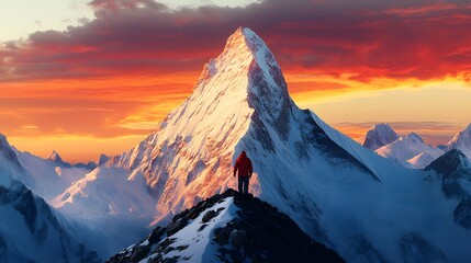 Obraz premium Voxel Style Mountain Peak with Snow and Red Jacket Figure Against Fiery Sky
