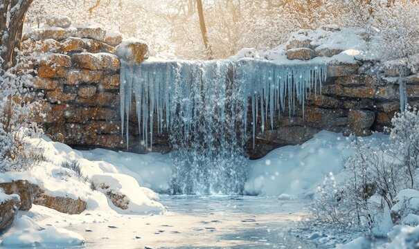 artistic rendering of a frozen waterfall cascading over snow-laden rocks, framed by icicles, Generative AI