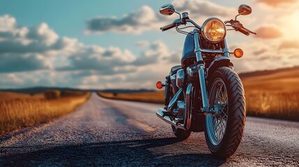 Motorcycle Parked on Asphalt Road with a Golden Sunset Sky and Rolling Hills