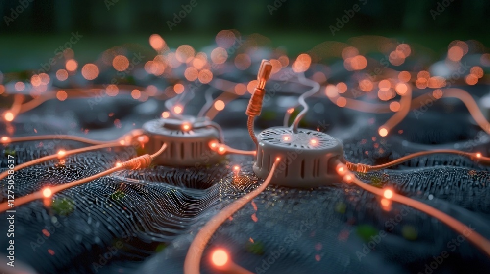 Aufkleber futuristic network glowing nodes wires abstract technology background