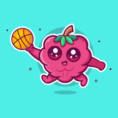 happy raspberry fruit character mascot playing basketball isolated cartoon
