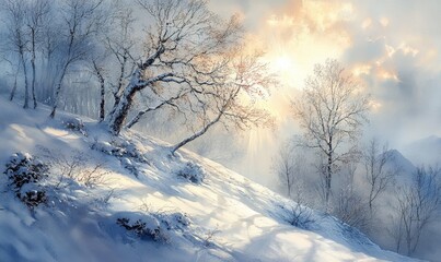 scenic watercolor painting of a snowy hillside with sunlight streaming through bare branches, Generative AI
