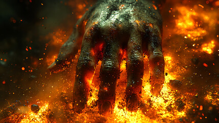 Fiery hand emerging from molten lava