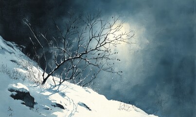 scenic watercolor painting of a snowy hillside with sunlight streaming through bare branches, Generative AI