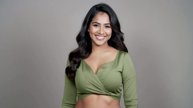  beautiful Indian or pakistani woman age 35 with thick wavy black hair posing and smiling