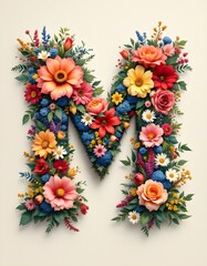 letter, M, floral, flowers, vibrant, colorful, artistic, elegant, design, organic, natural, red, yellow, pink, blue, white, blooms, green, leaves, accents, beige, background, soft, texture, warm, 