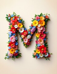 letter, M, floral, flowers, vibrant, colorful, artistic, elegant, design, organic, natural, red, yellow, pink, blue, white, blooms, green, leaves, accents, beige, background, soft, texture, warm, 