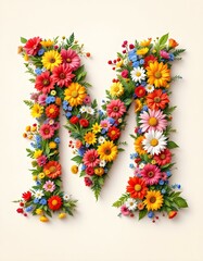 letter, M, floral, flowers, vibrant, colorful, artistic, elegant, design, organic, natural, red, yellow, pink, blue, white, blooms, green, leaves, accents, beige, background, soft, texture, warm, 