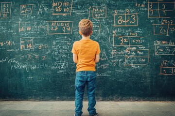 Young Boy Stands Before Chalkboard Filled With Equations