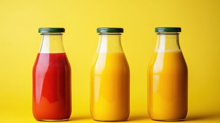 Three glass bottles filled with colorful juices on a bright yellow background, showcasing freshness