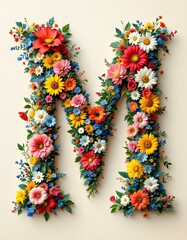 letter, M, floral, flowers, vibrant, colorful, artistic, elegant, design, organic, natural, red, yellow, pink, blue, white, blooms, green, leaves, accents, beige, background, soft, texture, warm, 