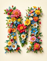 letter, M, floral, flowers, vibrant, colorful, artistic, elegant, design, organic, natural, red, yellow, pink, blue, white, blooms, green, leaves, accents, beige, background, soft, texture, warm, 