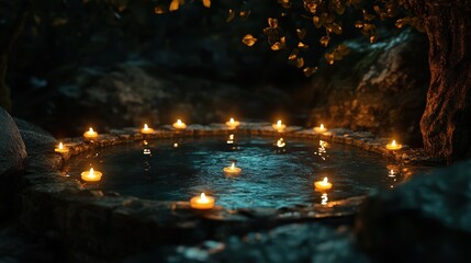 Enchanting Candles Surround Dark Water Pool at Night