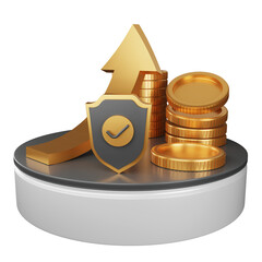 3d growth money with wealth financial business success finance graph stock profit investment chart. Up arrow with gold coins. Financial economy concept rise gold strategy cash currency.