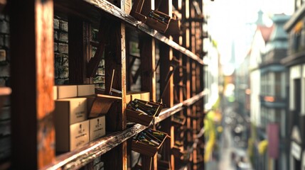 Organized Cardboard Boxes on Wooden Shelves in Warehouse