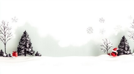 Whimsical Christmas Winter Scene  Snowy Landscape  Trees  Gift  Santa