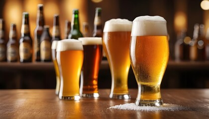 Cold Beer on Wooden Bar Top