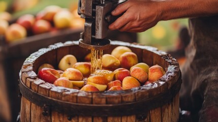 Hands Pressing Apples into Wooden Barrel for Juice Production