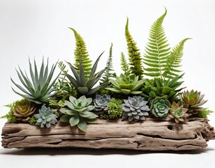 Fototapeta premium Succulents and Ferns in Driftwood Planter