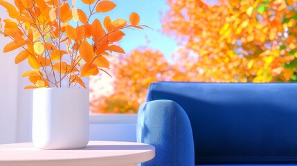 Cozy Autumn Living Room  Blue Sofa  Fall Leaves  Sunlight