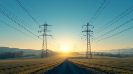 Sunrise Power Lines  Rural Energy Landscape Photo