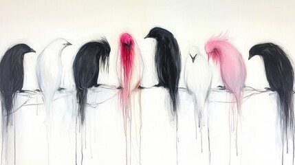 Unique Pink Penguin Among Black Penguins   Bold  Vibrant Bird Art Print