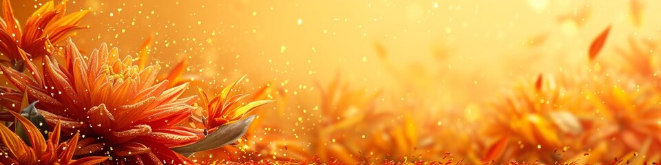 Fototapeta premium Orange chrysanthemum flowers on bright autumn background with blurred bokeh effect and copy space. Diwali, Ugadi, Vishu, Hindu New Year, Puja decoration concept