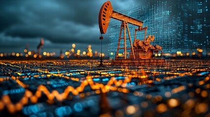Oil pump jack operating in a digital landscape with data visualization and cloudy sky