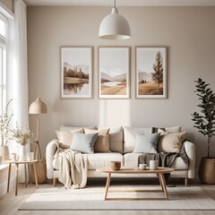 Cozy Living Room Interior with Neutral Tones and Landscape Artwork