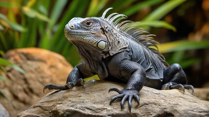 Obraz premium Majestic Iguana on Rock, Green Background