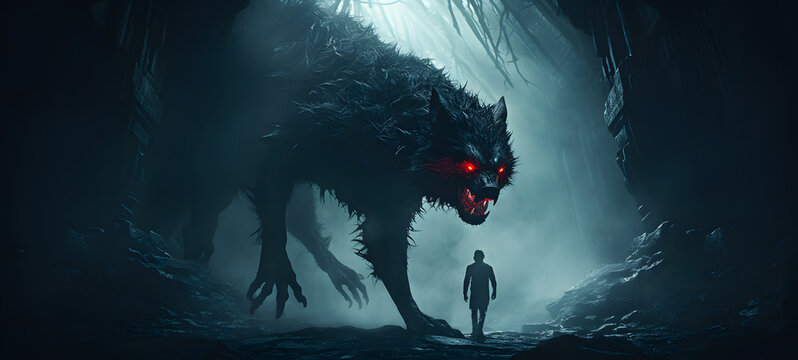 A lycan wearing a mask and walking into a magical cave where some bear sleep, ai generative
