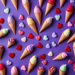 Colorful Ice Cream Cones and Hearts on Purple Background