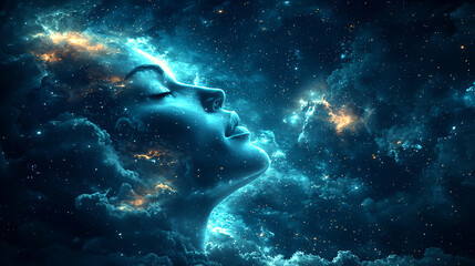 Ethereal woman merging with cosmic space imagery