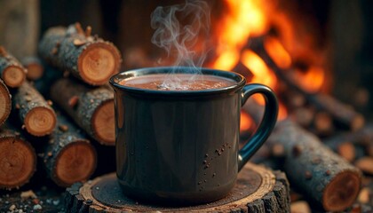 Hot chocolate with steam on wooden stump near fireplace