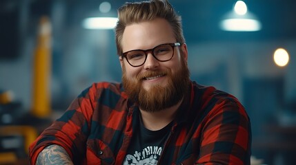 Happy man with beard and glasses, casual, indoors