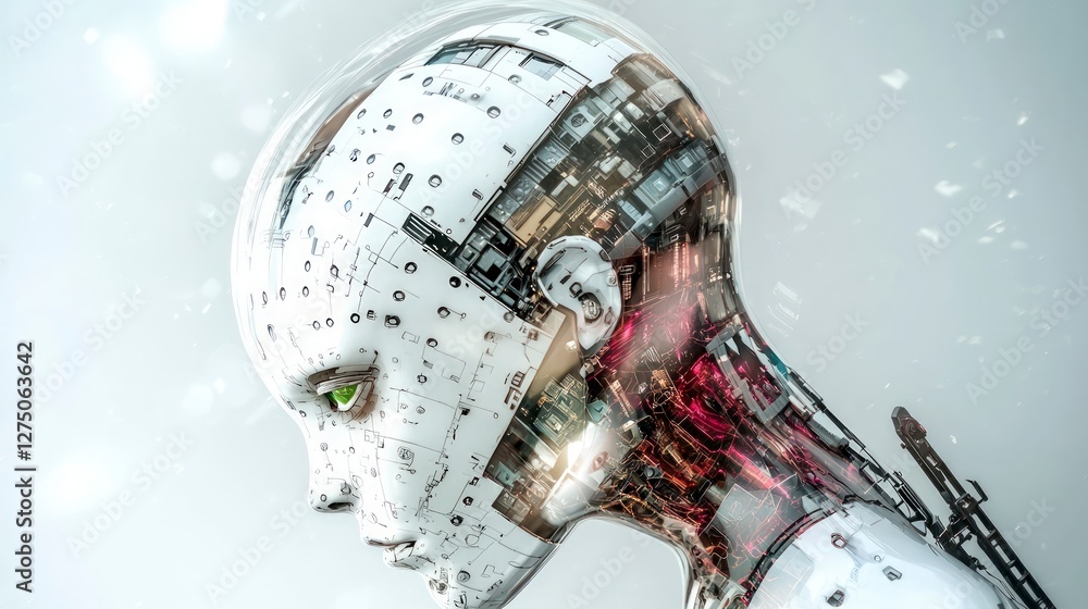 Poster futuristic ai robot head 3d render artificial intelligence technology concept