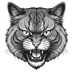 Obraz premium Aggressive Cat Head, Black and White Illustration