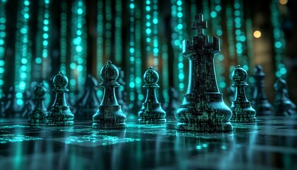 Futuristic Chess Battle, Digital Strategy, Teal Background
