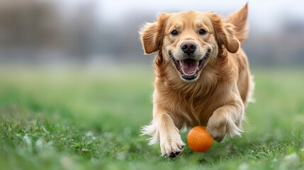 Happy Golden Retriever Dog Playing Fetch in Grass
