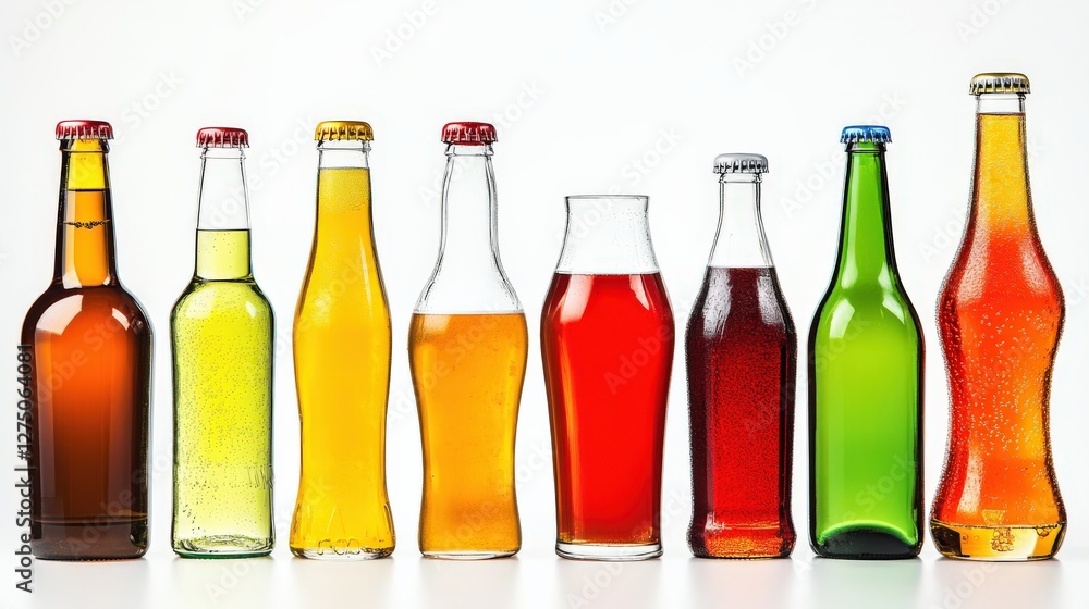 Poster assorted bottles of beverages displayed in a row with varying colors and textures