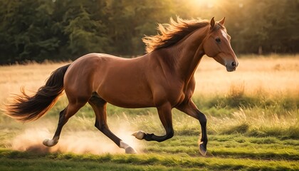 Obraz premium Chestnut Horse Galloping at Sunset