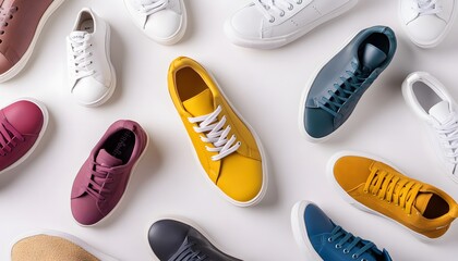 Various stylish sneakers in different colors displayed on white background