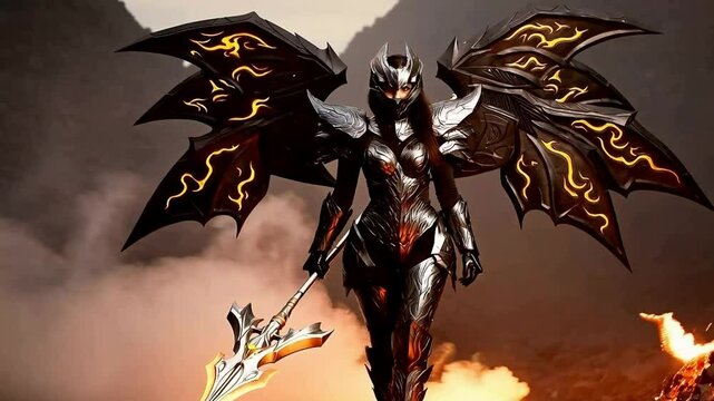 Woman in dark fantasy armor with large wings holding a spear