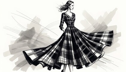Fashion Illustration Elegant Woman in Plaid Dress