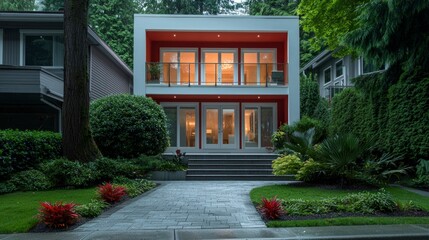 Fototapeta premium Modern Two Story Home Contemporary Architecture Suburban House Evening Light