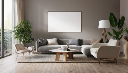 3D Rendering of a Cozy Interior Living Room Wall Mockup with Minimalist Design and Neutral Hues, Evoking Tranquility and Serenity.