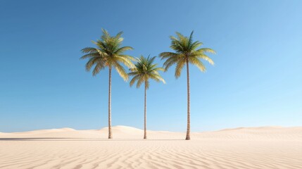 Obraz premium Desert landscape Concept. Three tall palm trees stand against a clear blue sky, surrounded by soft, sandy dunes, creating a serene and tropical atmosphere.